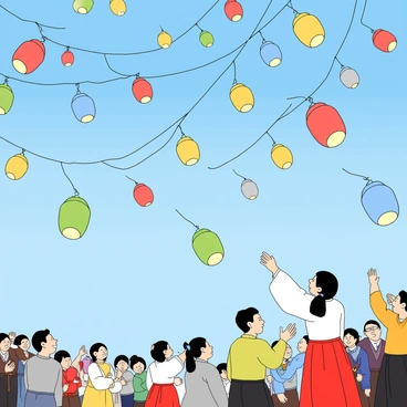 A clear blue sky filled with numerous colorful floating Korean paper lanterns, each lantern illuminated from within. The lanterns are various shapes, including traditional round and elongated designs, and display vibrant colors such as red, yellow, blue, and green. Strings of lanterns are gracefully drifting upward, creating a whimsical atmosphere. Below, a crowd of people wearing traditional Korean attire, such as hanbok, can be seen gazing up in awe at the beautiful sight. Some individuals are reaching out, as if trying to touch the lanterns, while others are smiling and taking pictures. The scene captures the festive spirit of the celebration.