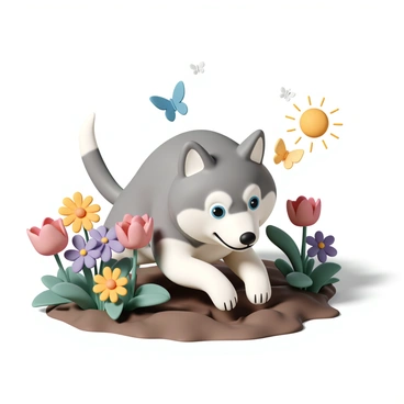 A Siberian husky with striking blue eyes and a thick, fluffy coat of gray and white is in a flower garden. The dog is playfully digging with its front paws in the soil, sending dirt flying into the air. Around the husky, colorful flowers in full bloom, including red tulips, yellow daisies, and purple pansies, create a vibrant backdrop. The sun is shining brightly, casting soft shadows on the ground, while a few butterflies flutter about, attracted by the flowers. The husky appears focused and energetic as it digs in the garden.
