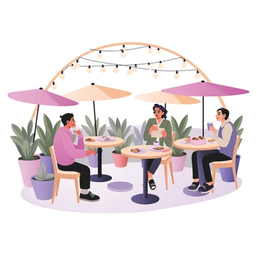 A digital flat illustration featuring a cozy outdoor cafe scene. The cafe has several small round tables with umbrellas. Patrons are sitting at the tables, one man with short dark hair is sipping coffee, while a woman with curly hair is chatting with her friend. The tables have plates with pastries and cups of coffee. Above them, there are multiple string lights draped in an arch, casting a warm glow. Surrounding the cafe are potted plants with green leaves, and there is a soft evening sky in the background. The ambiance appears inviting and cheerful.