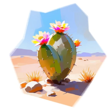 A cactus with a distinct nose-like protrusion stands prominently in a vast desert landscape. The cactus is adorned with vibrant blooms, showcasing bright pink and yellow flowers that contrast against its green body. Surrounding the cactus, the sandy terrain stretches out under a clear blue sky, with scattered rocks and small, dry shrubs adding texture to the scene. The sunlight casts soft shadows, highlighting the unique shape of the cactus and its vivid blossoms.