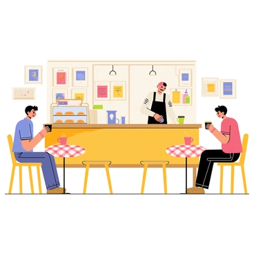 A cozy cafe set within a gallery, featuring small round tables with checkered tablecloths. Patrons are seated, sipping steaming cups of coffee. The walls are adorned with various framed illustrations, showcasing colorful artwork. A barista stands behind a wooden counter, preparing drinks, while a display case shows an assortment of pastries. Soft lighting illuminates the space, enhancing the inviting atmosphere.
