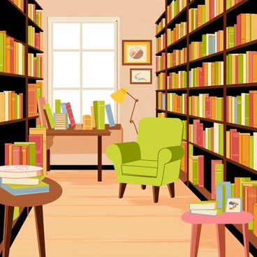 A quaint bookstore with wooden floors and warm lighting. Towering shelves are filled with old, leather-bound books in various shades of brown and green. A cozy reading nook with a plush armchair is positioned near a window, inviting patrons to sit and read. Small tables scattered throughout display an assortment of bookmarks and vintage bookends. A gently glowing lamp sits on one of the tables, casting a soft light over the nearby books. The scent of aged paper fills the air, adding to the charm of the space.