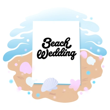 A wedding invitation is placed on a sandy beach. The invitation features elegant cursive text saying "Beach Wedding" at the top. Surrounding the invitation are various seashells scattered on the sand, including conchs and starfish. In the background, soft waves are gently lapping on the shore, creating a serene atmosphere. The overall color palette includes shades of pastel blue and beige, enhancing the beach setting.