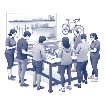 A group of cyclists is gathered inside a bike repair workshop. They are standing around a large workbench filled with various bicycle tools and parts. Some cyclists are actively holding different bicycle components, such as wheels and chains, while others are listening attentively to an instructor demonstrating repair techniques. The workshop is organized with tools hanging on the walls and bicycles mounted on repair stands. In the background, there are shelves stocked with spare parts, creating an environment focused on learning and collaboration.