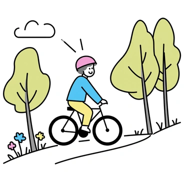 A person riding a bicycle along a winding path surrounded by tall trees. The cyclist is wearing a red helmet and a blue jacket, pedaling with a smile. Sunlight filters through the leaves, casting shadows on the path. A few colorful wildflowers are growing alongside the trail, adding splashes of color to the scene. The sky is clear with a few white clouds drifting by.