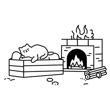 A wooden crate filled with soft blankets is placed on a stone floor. A cat with a fluffy coat is curled up and napping peacefully inside the crate. The cat's tail is tucked around its body, and its eyes are closed. Nearby, a fireplace is built of bricks, with logs burning and crackling, creating a cozy atmosphere. The flames flicker and cast light across the scene, illuminating the textures of the blankets and the wooden crate. A small pile of firewood is stacked beside the fireplace.