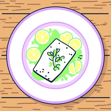 A halibut fillet is elegantly plated at the center of the image. The fish is garnished with fresh herbs, including sprigs of parsley, and adorned with several thin slices of lemon arranged artfully around it. The plate is white with a simple design, allowing the colors of the dish to stand out. The rustic wooden table provides a warm, natural backdrop, with visible grain and texture. Soft lighting enhances the details of the halibut and the vibrant herbs and lemon.