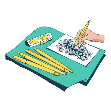 A yellow set of ink pens is arranged neatly on a teal surface. Each pen has a smooth, glossy finish, with different designs and writing tips. Next to the pens, there is a black and white illustration featuring intricate patterns and detailed line work. A hand is gently holding the illustration, examining the fine details with focused attention. The background is minimal to emphasize the pens and the illustration.