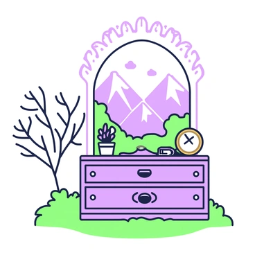 A secretaire is positioned against a large window that frames a mountainous landscape. The secretaire has intricate carvings on its surface and is adorned with small decorative items such as a brass clock and a potted plant. Sunlight filters through the window, casting shadows on the polished wood of the secretaire. Outside, various mountains rise in the distance, their peaks capped with snow. The foreground features a patch of green grass, and a few trees with expansive branches are visible beside the window.