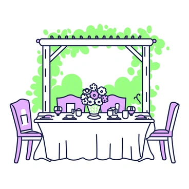 An elegant dining table set for a garden party is arranged under a wooden pergola adorned with greenery. The table is covered with a crisp white tablecloth, and vintage china dishes with intricate patterns are placed meticulously around each setting. In the center, there are floral centerpieces composed of mixed blossoms in shades of pink and white, arranged in decorative vases. Each place setting is equipped with polished silverware and folded napkins, while delicate glassware glimmers in the natural light. Surrounding the table, there are wooden chairs, some with cushions, creating a charming and inviting atmosphere for guests.
