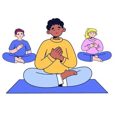 A person sitting cross-legged on a yoga mat, with their hands resting on their knees. They have closed eyes and a serene expression, showing concentration on their breathing. The individual is wearing comfortable, loose-fitting workout clothes in soft colors. Their diaphragm area is subtly emphasized, highlighting the movement of the abdomen as they practice deep breathing. Surrounding them are a few other participants in similar poses, creating a calm atmosphere in the yoga class. The setting is bright and airy, contributing to the focus on relaxation and mindfulness.