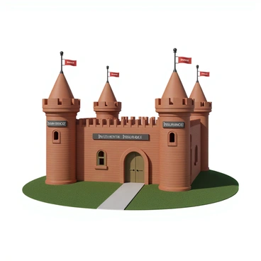 A large fortress constructed from sturdy bricks. Each brick is clearly labeled with the words "Savings," "Investments," and "Insurance." The fortress has a strong, imposing structure with tall walls and a pointed roof. The bricks are arranged in a neat and organized manner, emphasizing the importance of each labeled concept. There are flags on top of the fortress, each displaying the same labels. The surrounding ground is well-kept, with a path leading up to the entrance of the fortress.