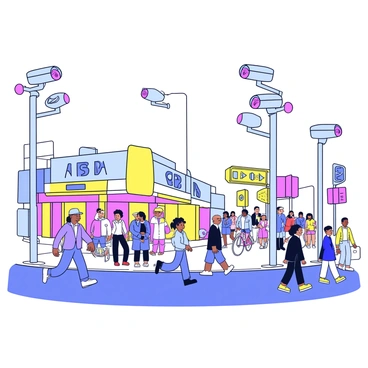A busy street corner is filled with various people walking and cycling. Multiple security cameras are mounted on tall poles, each featuring blinking red lights. The cameras are positioned at different angles to capture the activity in the area. Nearby, there are colorful storefronts and street signs visible, adding to the urban environment. The scene is bustling with movement, illustrating the lively atmosphere of the street.