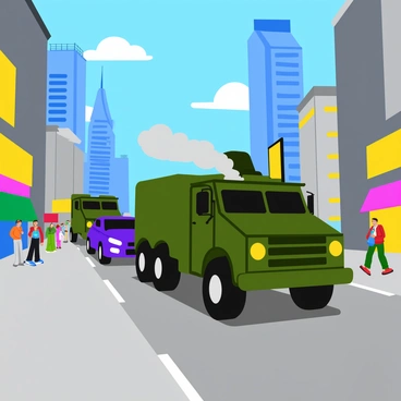 A convoy of armored vehicles is driving through a bustling urban environment. The first vehicle in the convoy is a large, rugged military truck with a matte green finish, equipped with visible armor plating and reinforced headlights. The second vehicle follows closely, a sleek armored car with tinted windows. The engines are emitting puffs of exhaust as they navigate the streets. Surrounding the convoy, tall skyscrapers loom, with colorful billboards and storefronts lining the road. Pedestrians can be seen on the sidewalks, some curiously looking at the vehicles while others are engaged in their daily activities. A clear blue sky forms a backdrop to this scene, with a few fluffy white clouds drifting by.