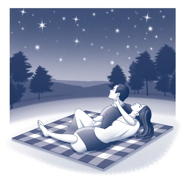 A couple is lying on a checkered blanket spread across a grassy backyard. They are positioned closely together, looking up at the night sky. Above them, a myriad of stars twinkle brightly, illuminating the darkness. The man has his arms behind his head, while the woman rests comfortably next to him, her head propped up on one elbow. There are a few scattered trees in the background, their silhouettes visible against the starlit sky. A soft breeze gently rustles the grass around them, creating an intimate atmosphere.