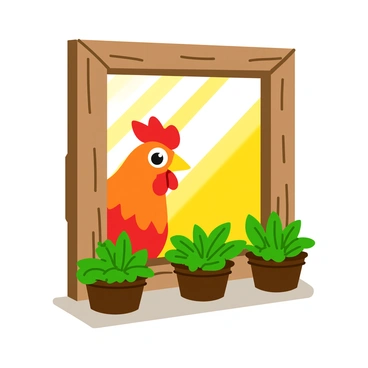 A colorful rooster with vibrant red feathers is peeking through a rustic kitchen window. The window frame is made of weathered wood, displaying signs of age. Bright green herbs like basil, thyme, and parsley are overflowing from small pots on the windowsill, creating a lively contrast against the wood. Sunlight streams in, illuminating the rooster’s curious expression as it looks into the kitchen.