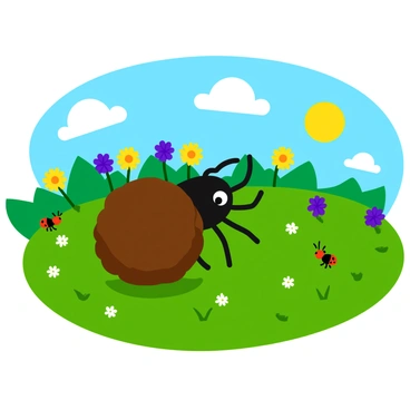 A dung beetle with a shiny black body is energetically rolling a large ball of dung across a bright green meadow. The ball of dung is perfectly round and textured, showcasing a rough surface. The meadow is dotted with colorful wildflowers, including yellow daisies and purple clovers, swaying gently in the sunlight. In the background, several small insects, including ants and ladybugs, are curiously watching the beetle's impressive feat. The sun shines brightly in a clear blue sky, casting playful shadows and illuminating the scene with warm light.