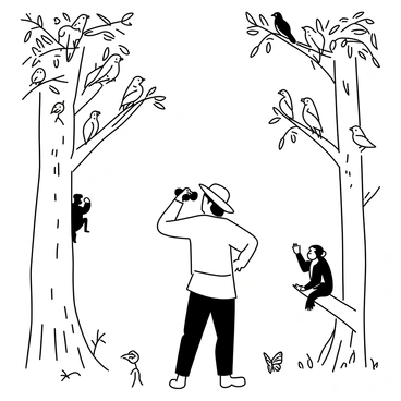 A naturalist stands on a lush forest floor, surrounded by towering trees and dense foliage in a rainforest. He is wearing a wide-brimmed hat and holding binoculars close to his eyes, intently observing the colorful birds perched on branches above him. Various species of birds can be seen in the trees, some in mid-flight, showcasing distinct shapes and features. Additionally, the naturalist is accompanied by small wildlife, such as a curious monkey peeking from behind a tree trunk and a vibrant butterfly fluttering nearby. The ground is dotted with leaves and small plants, completing the scene of a thriving ecosystem.