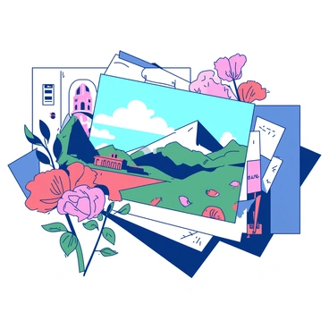A collection of various lithographic prints arranged together to form a single cohesive scene. Each print features distinct elements like landscapes, architectural structures, and floral designs. The prints overlap slightly at the edges, creating a layered effect. In the center of the collage, there is a prominent print depicting a serene mountain range under a clear sky. Surrounding this central image are smaller prints showcasing vibrant flowers, elegant buildings, and abstract shapes. The colors from the prints combine to create an engaging visual narrative.