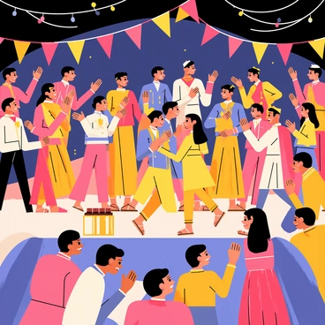 A vibrant sangeet night with a large group of family and friends celebrating together. The scene is filled with colorful decorations, including bright banners and twinkling fairy lights. People are energetically singing while others are dancing, showcasing various traditional outfits in shades of red, blue, and gold. A stage is set up with musical instruments like a dhol and harmonium. In the center, a couple is performing a dance, surrounded by joyful onlookers clapping and cheering. The atmosphere is festive and filled with laughter, creating a sense of unity and celebration.