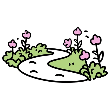A winding garden path made of smooth stones, gently curving through a lush green landscape. The path is bordered by clusters of blooming pink flowers, their petals fully open and vibrant. Some flowers are tall and slender, while others are short and bushy, creating a varied and textured appearance. The surrounding greenery consists of green leaves and occasional small bushes, enhancing the beauty of the path. The scene captures a tranquil and inviting atmosphere, perfect for a leisurely stroll.