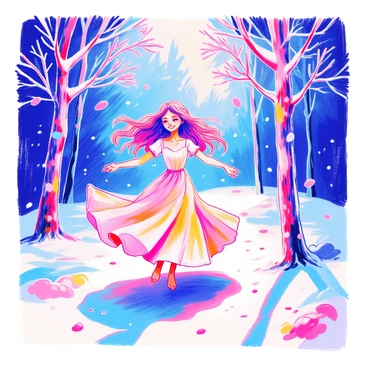 A girl with long flowing hair is dancing gracefully in a snowy forest. She is wearing a flowing white dress that sways with her movements. The snow blankets the ground, creating a soft white carpet. Surrounding her are tall pine trees, their branches heavy with snow. Soft flakes fall gently around her, adding to the serene atmosphere. The girl's expression is joyful as she twirls, her arms lifted elegantly.