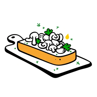 A slice of toasted bread placed on a simple wooden cutting board. The bread is golden brown, with a crispy texture. On top of the bread, there are sautéed shiitake mushrooms, arranged in a neat pile, showcasing their distinctive shapes and textures. Fresh herbs, such as parsley and thyme, are scattered over the mushrooms, adding a touch of greenery. A small drizzle of olive oil glistens on the surface of the mushrooms, enhancing the visual appeal of the dish.