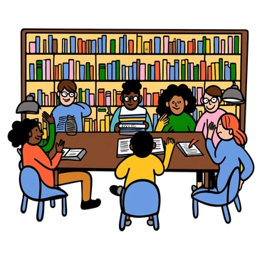 A student with light skin and short black hair is sitting at a large wooden table in a library, surrounded by tall bookshelves filled with books. The student is focused on a stack of open books and taking notes on a notebook. Around the student, there are several peers with different skin tones, casting judgmental glances. One peer has curly brown hair and is wearing glasses, another has straight black hair and is whispering to a friend, while a third has wavy red hair looking disapprovingly at the student. The library has overhead lights casting a warm glow, and there are study lamps on the table providing additional lighting.