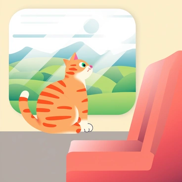 A tabby cat with orange stripes is sitting on a train seat, looking out the window with a captivated expression. Its bright green eyes are wide open, reflecting the scenery rushing by. The train interior features soft, cushioned seats in a warm beige color. Outside the window, lush green fields and distant hills are visible, blurred by the speed of the train. The sunlight filters through the glass, casting soft light on the cat's fur and creating a gentle glow around it.