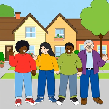 A vibrant neighborhood scene filled with diverse individuals. There are four people prominently featured: a man with dark skin and curly hair waving enthusiastically, a woman with light skin and long straight black hair smiling brightly, a person with medium skin and short wavy hair giving a friendly wave, and an older man with gray hair and glasses smiling warmly. They are all standing in front of colorful houses with flower pots on the porches. The background consists of a clear blue sky and green trees, enhancing the cheerful atmosphere.