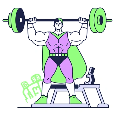 A superhero-like figure is positioned on a bench press, effortlessly lifting a massive barbell overhead. The figure has a muscular build, wearing a form-fitting costume that accentuates their strength. Their arms are extended, showcasing bulging biceps as they hold the barbell with both hands. The barbell is heavily loaded with large weight plates on either side, emphasizing its massive size. The bench is designed with a sturdy frame, and behind the bench, there are weights neatly organized on a rack. The setting is a gym environment with various exercise equipment in the background.