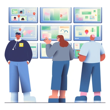 A group of three security professionals, two men and one woman, are standing in front of a large wall filled with multiple screens displaying various digital security systems. The man on the left has short black hair and is wearing a dark blue uniform with a badge, focused on a screen showing live camera feeds. The woman in the center has long brown hair pulled back in a ponytail and is dressed in a gray blazer, pointing at a monitor that shows a security alert map with red markers. The man on the right has a shaved head and is wearing glasses, typing on a keyboard while watching another screen that displays data analytics. The room is dimly lit, with the bright screens casting colorful reflections on their faces.