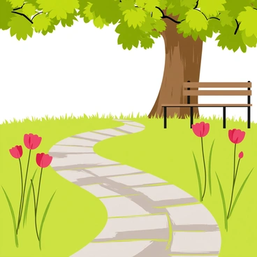 A winding garden path made of gray stones leads through lush green grass. The path is lined with vibrant red poppies swaying gently in the breeze. At the end of the path, there is a secluded wooden bench nestled under the shade of a large oak tree. Sunlight filters through the leaves, creating dappled patterns on the ground beside the bench.