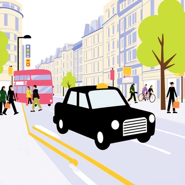 A black British taxi is driving in a designated bus and taxi lane marked by a yellow sign. The taxi has its lights on and the iconic taxi sign on top. Surrounding the taxi, there are bustling city streets filled with pedestrians walking, some holding shopping bags. Nearby, a red double-decker bus is stopped at a bus stop, and tall buildings with colorful advertisements line the street. A few cyclists can be seen riding in the bike lane, and trees are planted along the sidewalk, adding to the urban atmosphere.