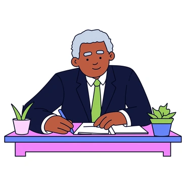 A close-up of "Nelson Mandela" sitting at a polished wooden desk. He is wearing a dark suit and has a focused expression while signing an important document. The desk is neatly organized with the document in front of him, a pen in hand, and a small potted plant to the side. The background features a simple, blurred setting that emphasizes the significance of the moment.