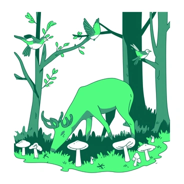 A green deer is grazing on grass in a temperate forest. Surrounding the deer, there are various types of mushrooms growing on the forest floor, with some mushrooms showcasing distinct shapes and sizes. In the trees above, multiple bird species are perched on the branches, each with unique colors and features. One bird is in mid-flight, while another is picking at an insect on the bark of a tree. The scene illustrates the interactions within the food web of this temperate forest ecosystem.