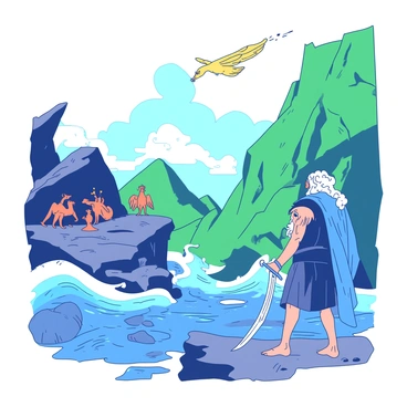 Ulysses stands at the edge of a rocky shore on a remote island, gazing out at the turbulent sea. In the foreground, a fierce, blue cyclops looms, its single eye glaring menacingly at Ulysses. To the left, a group of small, orange sirens can be seen perched on jagged rocks, their enchanting voices blended with the sound of crashing waves. Behind Ulysses, tall green cliffs rise sharply, partially obscured by mist. Various mythical creatures, including a yellow griffin soaring in the sky above, add to the atmosphere of enchantment and peril. Ulysses, clad in weathered armor, holds a glistening sword, ready for the challenges ahead.