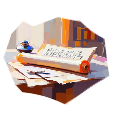 An open scroll lies on a wooden desk, its parchment slightly aged and yellowed at the edges. The scroll is adorned with intricate symbols and illustrations, representing ancient teachings, including geometric shapes and stylized figures. The desk surface is polished, reflecting a soft light, and is scattered with worn quills and an inkpot, suggesting a space of scholarly pursuit. In the background, there is a faint outline of a bookshelf filled with old tomes, further enhancing the atmosphere of knowledge and history.