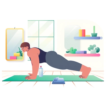 A person with light skin and short brown hair is practicing diamond push-ups on a soft, green yoga mat. They are wearing a fitted black tank top and dark gray leggings. The home gym is cozy, with warm wooden flooring and soft lighting. In the background, there is a shelf filled with colorful yoga blocks and a potted plant. A large window allows natural light to flood the room, illuminating wall-mounted mirrors that reflect the person's determined expression. A towel is placed nearby, and a water bottle stands within reach on the floor.