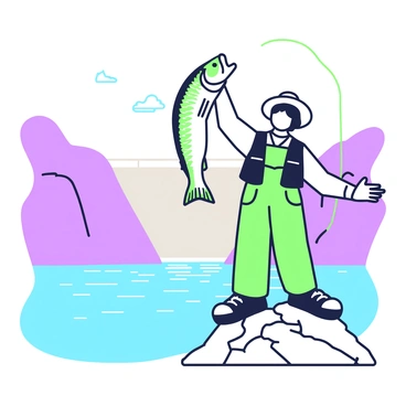 An angler is standing on the edge of a rocky outcrop, proudly holding up a large trophy fish with both hands. The angler is wearing a wide-brimmed hat and a fishing vest with various pockets. The background features the iconic Hoover Dam, with its massive concrete structure visible behind the angler. The water is a vivid expanse, shimmering in the sunlight, with gentle ripples around the outcrop. In the distance, there are steep canyon walls that rise dramatically on either side of the dam. The sky is clear with a few fluffy clouds.
