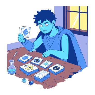 A blue hero with a determined expression is sitting at a rustic wooden table covered with various playing cards. The hero is carefully examining a card in their hand, while several other colorful cards are spread out in front of them. The cards display intricate designs and bold symbols, hinting at their magical powers. The table has a few scattered dice and a small potion bottle beside it. A warm light from a nearby window casts soft shadows across the table, enhancing the focused atmosphere of the hero's selection process.