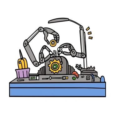 A pair of robotic hands with metallic fingers and intricate joints is assembling a complex mechanical device on a sleek, modern workbench. The hands are moving swiftly and precisely, with one hand holding a small gear while the other hand is carefully placing it into position. Various tools and components are scattered across the workbench, showcasing a high-tech environment. Bright overhead lights illuminate the scene, highlighting the shiny surfaces of the robotic hands and the device being assembled.