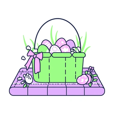 An Easter basket adorned with pastel ribbons and bows, sitting on a picnic blanket