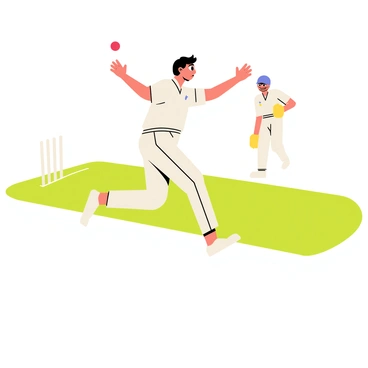 A cricket bowler with short black hair wearing a white cricket uniform is in the middle of his bowling action. He has a determined look on his face, showcasing an intense expression focused on delivering a fast ball. The bowler's right arm is raised high, and his left leg is in a dynamic stride as he prepares to release the ball. In the background, a green cricket field is visible, along with a set of white stumps and a blurred silhouette of a batsman ready to face the delivery.