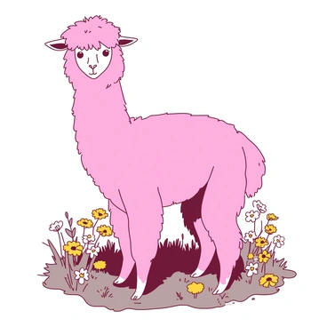 A pink alpaca stands proudly in a field of wildflowers, showcasing its vibrant rainbow-colored wool. The wildflowers vary in size and are a mix of yellow and white blooms, creating a colorful carpet beneath the alpaca’s feet. The alpaca's expressive eyes gaze gently at the viewer, while its fluffy wool appears soft and inviting. Surrounding the alpaca, the wildflowers sway gently in a light breeze, adding movement to the serene scene.