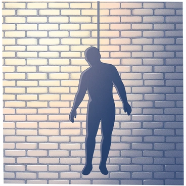A hanging figure is positioned centrally, suspended from an unseen point above. Its form creates a distinct shadow that stretches downward and is sharply defined against a textured brick wall. The brick surface exhibits various patterns and imperfections, showcasing its rugged nature. The ambiance suggests a sunset, with the light casting warm hues that contrast with the dark silhouette of the figure. The scene captures the intricacies of light and shadow, emphasizing the depth and dimension of the wall's surface.