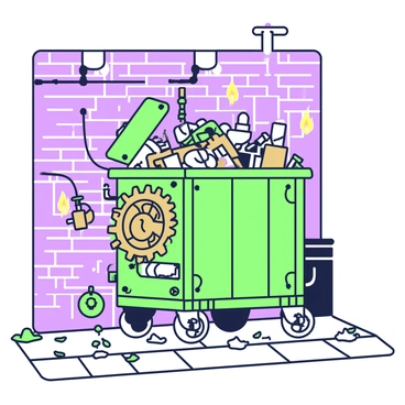 A steampunk-inspired dumpster is positioned on a cobblestone street. The dumpster is made of textured metal, featuring brass gears and cogs visibly integrated into its structure. Flames flicker from small openings on the sides, casting light on the surface of the dumpster. Pipes and tubes run along its exterior, connecting to various mechanical parts. The lid of the dumpster is slightly ajar, giving a glimpse of an assortment of vintage items and tools inside. The background includes brick walls with exposed pipes and scattered debris on the ground.