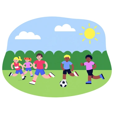 A bright summer day with clear blue skies and a warm sun shining down. A group of children, three boys and two girls, are playing soccer on a grassy field. They are dressed in colorful t-shirts, with one boy wearing a red shirt and another in blue. The children are energetically running after a black and white soccer ball. In the background, there is a tall green hedge that creates a boundary for the park. The scene conveys a sense of joy and active playfulness.