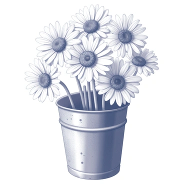 A cluster of gerbera daisies with large, layered petals sits in a rustic metal bucket. The bucket has a weathered appearance, with visible dents and a textured surface. The flowers are arranged closely together, showcasing their distinct shapes and sizes. Each daisy has a strong stem that supports the bloom, creating a sturdy composition. The setting emphasizes the contrast between the delicate flowers and the rugged bucket.