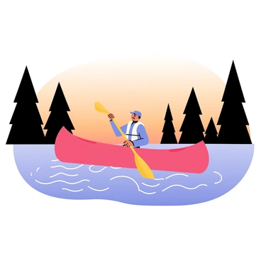 A lone canoeist is paddling on a river with gentle ripples reflecting the colors of the sunset. The canoe is a bright red color, contrasting with the soft orange and pink hues of the sky. Silhouettes of tall trees line the riverbanks, their dark shapes creating a frame around the serene scene. The canoeist, wearing a light blue life jacket, uses a wooden paddle to glide smoothly through the water. Soft waves ripple outward from the canoe, creating a tranquil atmosphere. The calmness of the river and the fading light of the day enhance the peacefulness of the moment.